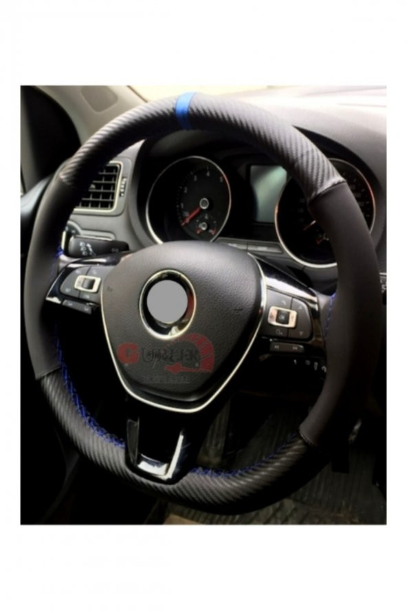 Dacia Stepway Uyumlu Direksiyon Kılıfı Alkantra Karbon Mavi Yüzüklü ürün görseli 1