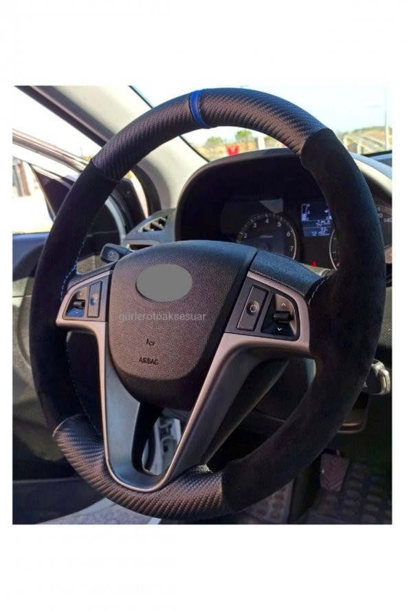 Hyundai I20 Uyumlu Dikmeli Direksiyon Kılıfı Alkantra Karbon Mavi Yüzüklü ürün görseli 1