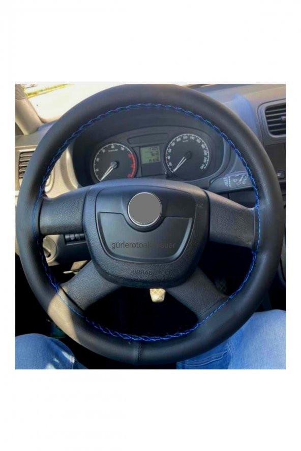 Skoda Octavia 2008-2010 Deri Dikmeli Direksiyon Kılıfı Mavi Ipli (11cm) ürün görseli 1