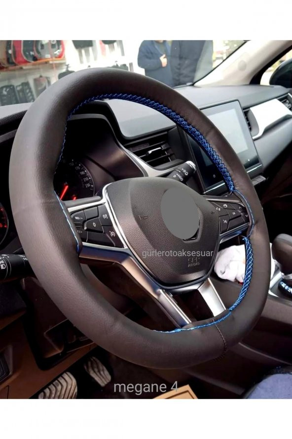Renault Megane 4  Uyumlu Dikmeli Direksiyon Kılıfı Mavi Ipli 10.5cm ürün görseli 1