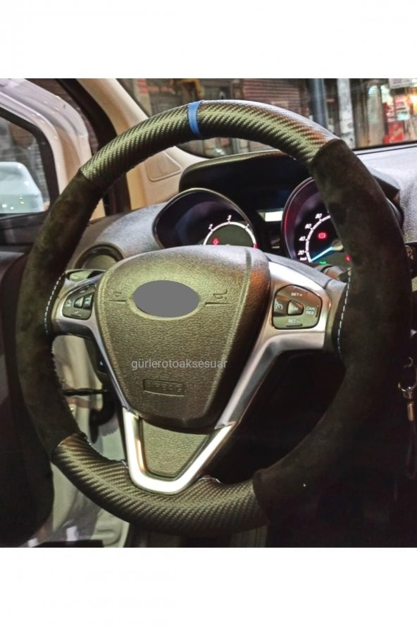 Ford Focus Deri Dikmeli Direksiyon Kılıfı Alkantra-karbon Mavi Yüzüklü Tüm Modeller ürün görseli 1