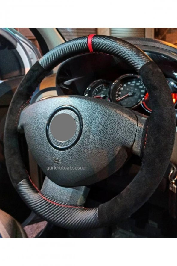 Dacia Duster Direksiyon Kılıfı Alkantra-karbon Kırmızı Yüzüklü ürün görseli 1