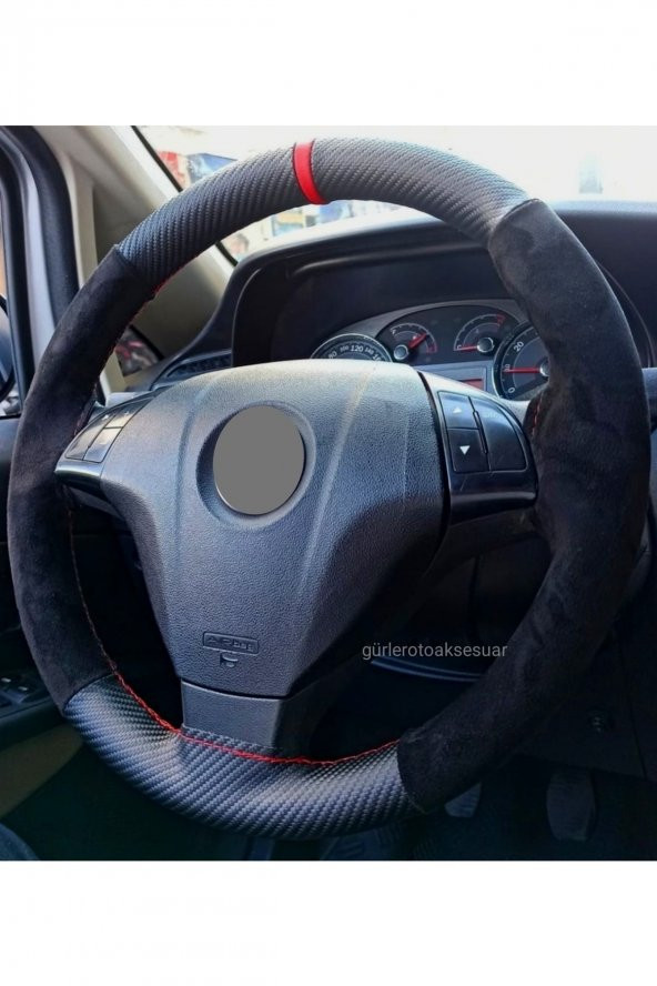 Fiat Fiorino Alkantra-karbon Kırmızı Yüzüklü Dikmeli Deri Direksiyon Kılıf Uyumlu ürün görseli 1