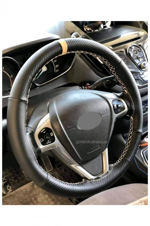 Ford Focus Uyumlu Dikmeli Direksiyon Kılıfı Alkantra Karbon Bej Yüzüklü ürün görseli 1