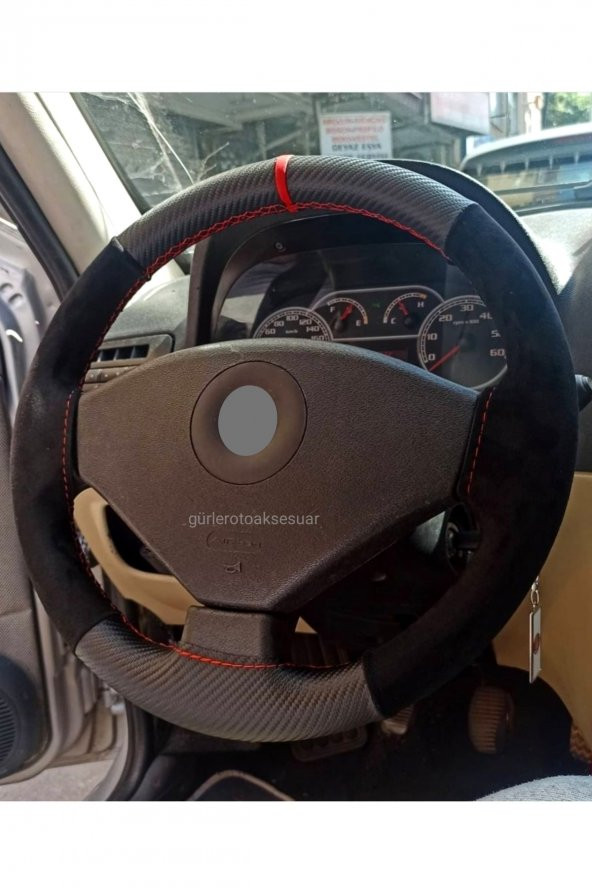 Fiat Palio Dikmeli Direksiyon Kılıfı Alkantra Karbon Kırmızı Ipli Uyumlu ürün görseli 1