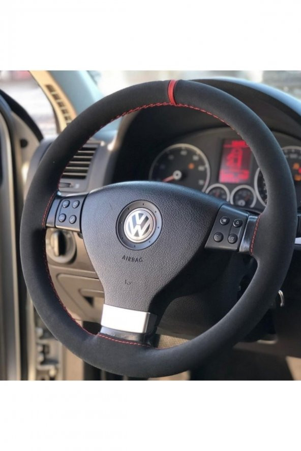 Volkswagen Golf 5 Alkantra Dikmeli Direksiyon Kılıfı Kırmızı Yüzüklü ürün görseli 1