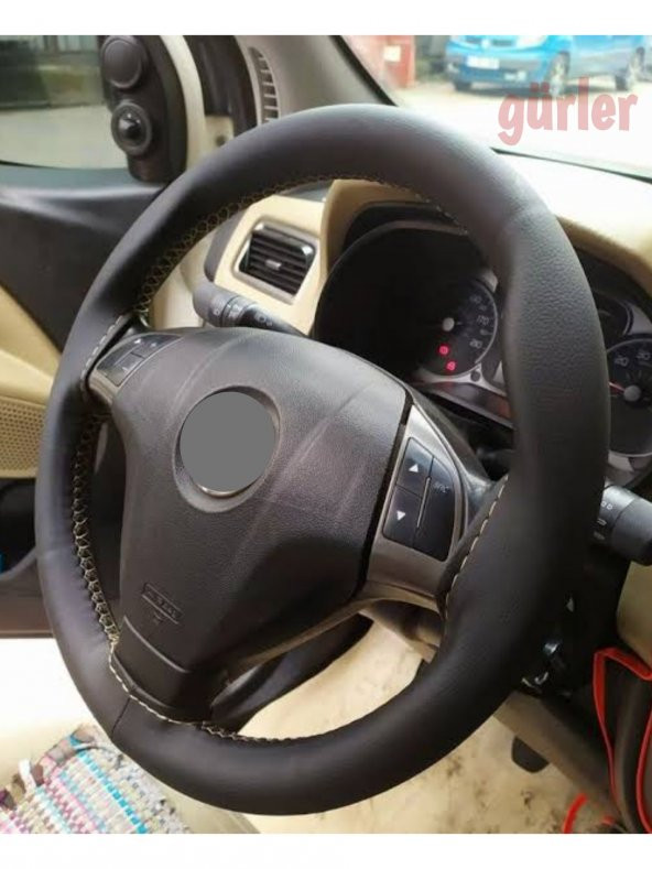 Fiat Fiorino Deri Dikmeli Direksiyon Kılıfı Siyah Deri Bej İpli ürün görseli 1
