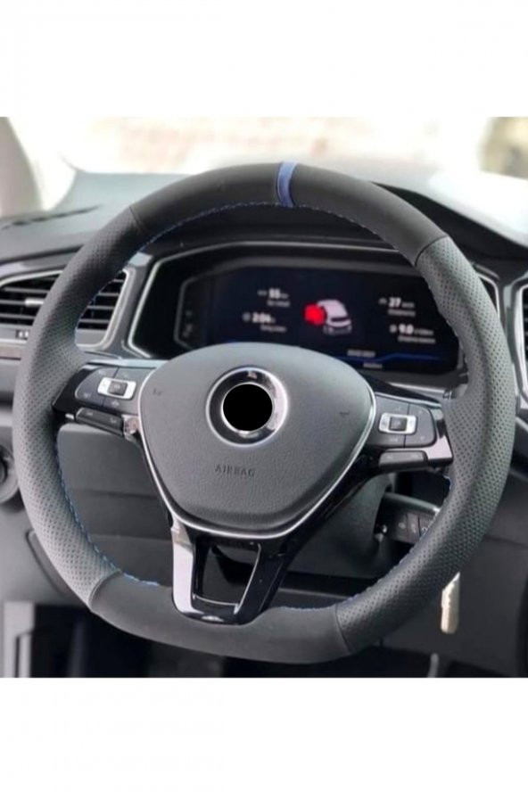 Vw Passat B7-B8 Uyumlu Deri Dikmeli Direksiyon Kılıfı Noktalı Alkantra Mavi Yüzüklü ürün görseli 1