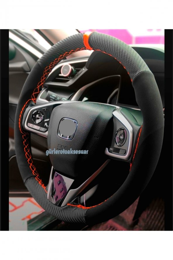 Honda Cıvıc Alkantra Karbon Dikmeli Deri Direksiyon Kılıfı Kırmızı Yüzüklü ürün görseli 1