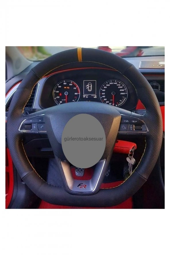 Seat Leon Alkantra Karbon Sarı Yüzüklü Dikmeli Direksiyon Kılıfı ürün görseli 1