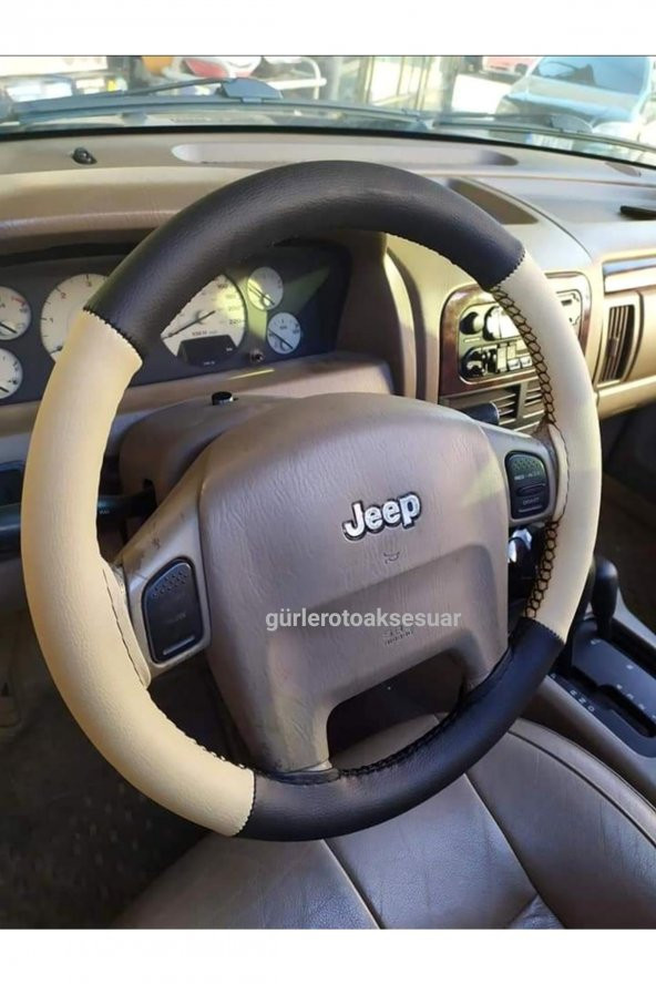Jeep Deri Dikmeli Direksiyon Kılıfı Bej-siyah 4parçalı ürün görseli 1