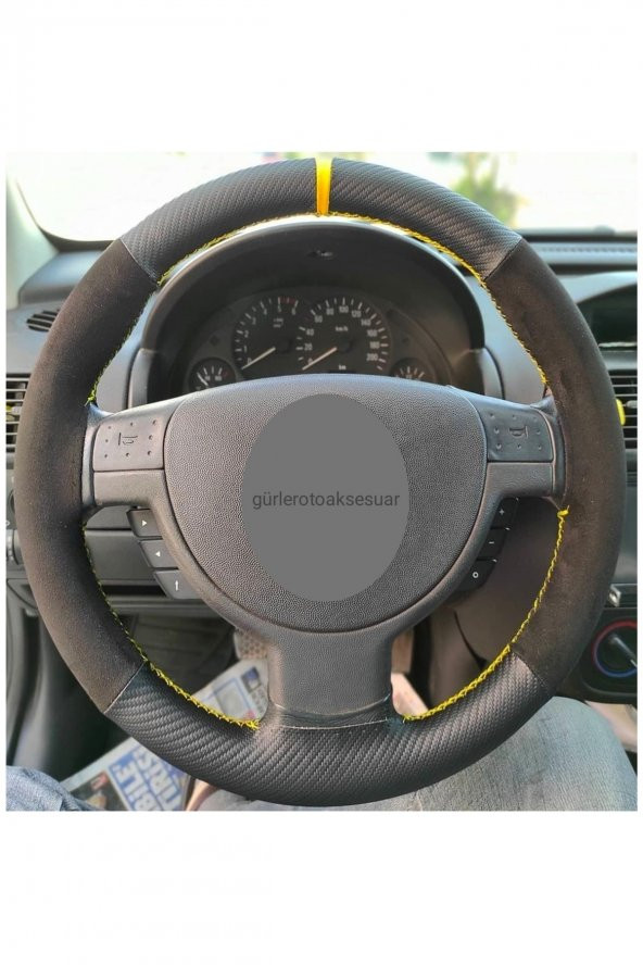 Opel Combo Alkantra Dikmeli Direksiyon Kılıfı Karbon Sarı Ipli ürün görseli 1