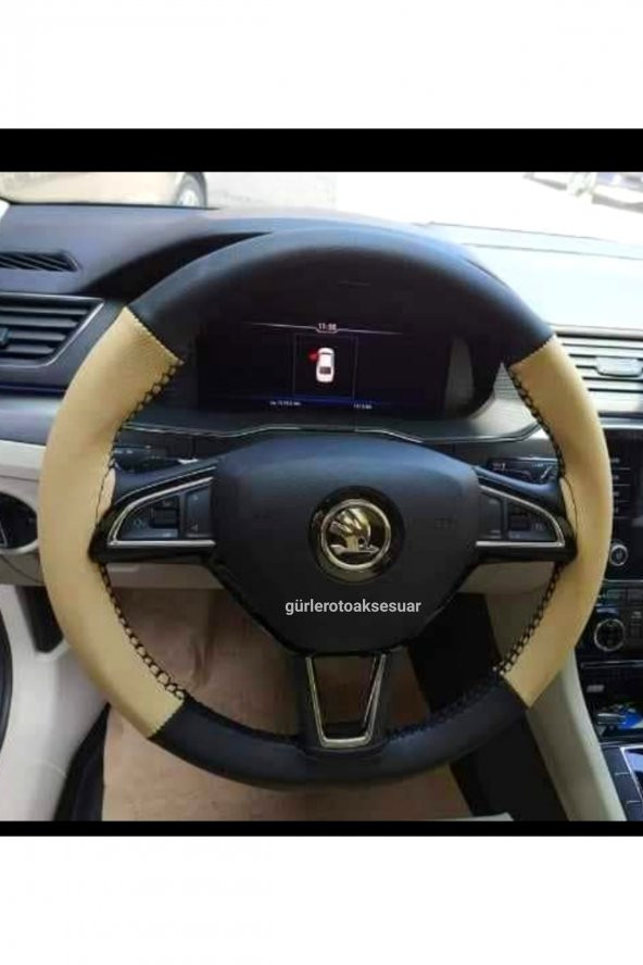 Skoda Octavia Deri Dikmeli Direksiyon Kılıfı Bej Siyah 4parçalı ürün görseli 1