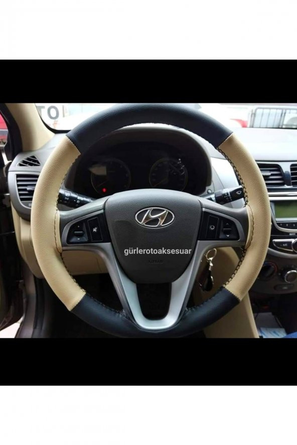 Hyundai Tuscon Deri Dikmeli Direksiyon Kılıfı Bej Siyah 4parçalı ürün görseli 1