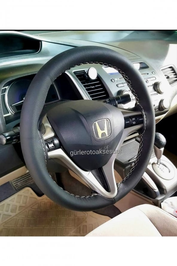 Honda Civic Deri Dikmeli Direksiyon Kılıfı Soft Gri Ipli A+plus ürün görseli 1