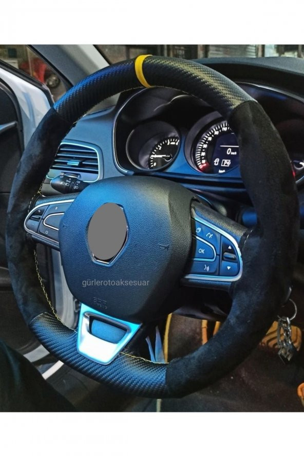 Renault Laguna Uyumlu Alkantra Karbon Sarı Yüzüklü Deri Dikmeli Direksiyon Kılıfı ürün görseli 1