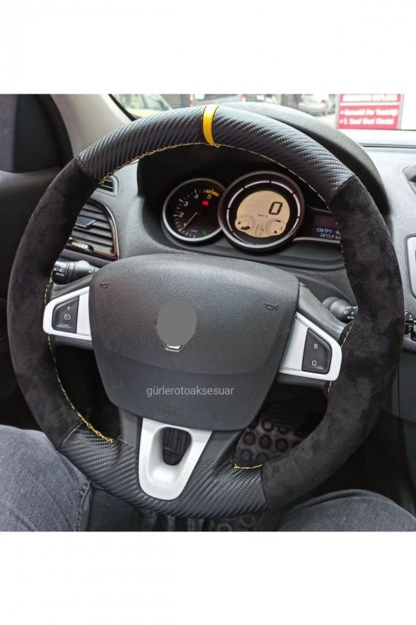 Renault Megane 3 Alkantra (nubuk)karbon Sarı Yüzüklü Deri Dikmeli Direksiyon Kılıfı ürün görseli 1