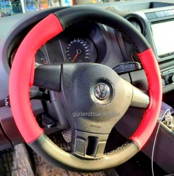 Vw Caddy Deri Direksiyon Kılıfı Iki Renkli Kırmızı-siyah ürün görseli 1