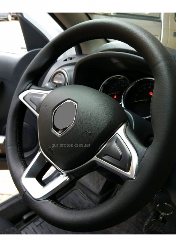 Renault Clio Symbol 2013+ Dikmeli Deri Direksiyon Kılıfı Siyah Deri Kırmızı İpli (11CM) ürün görseli 1