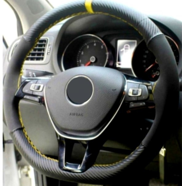 Fiat Fiorino Uyumludur (2010-2021) Dikmeli Direksiyon Kılıfı Carbon Desenli-alkantra Sarı Yüzük ürün görseli 1