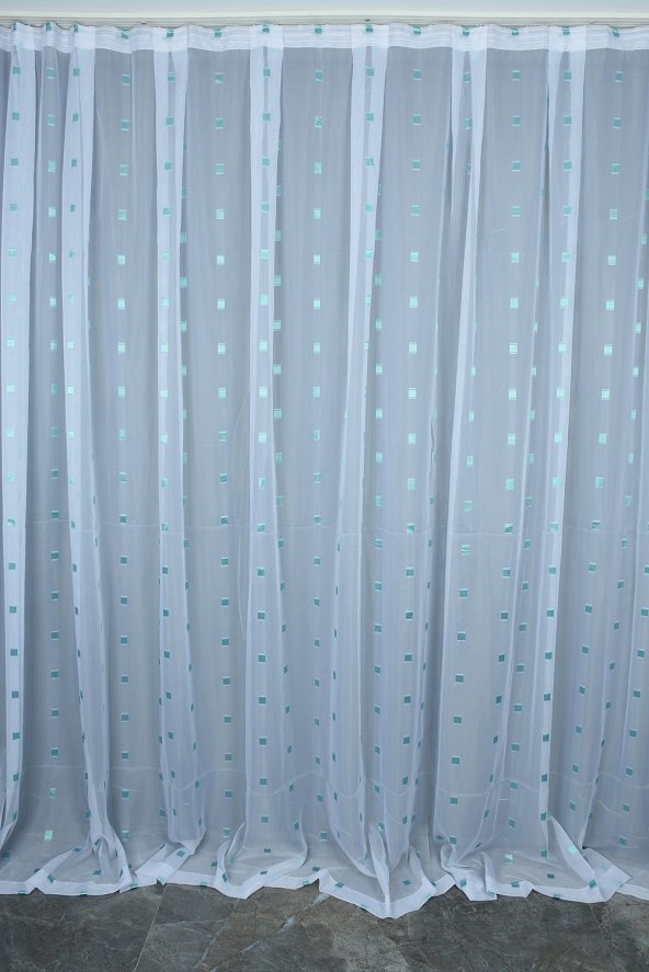 TERGAL YEŞİL KARELİ BEYAZ RENK TEK KANAT Hazır Dikilmiş Pileli Fon Perde 300*260 Cm ürün görseli 1