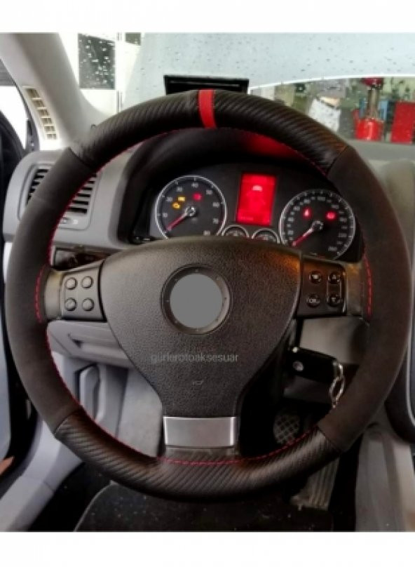 Vw Caddy 2004 2020 Alkantra-Karbon Kırmızı Yüzüklü Direksiyon Kılıf ürün görseli 1
