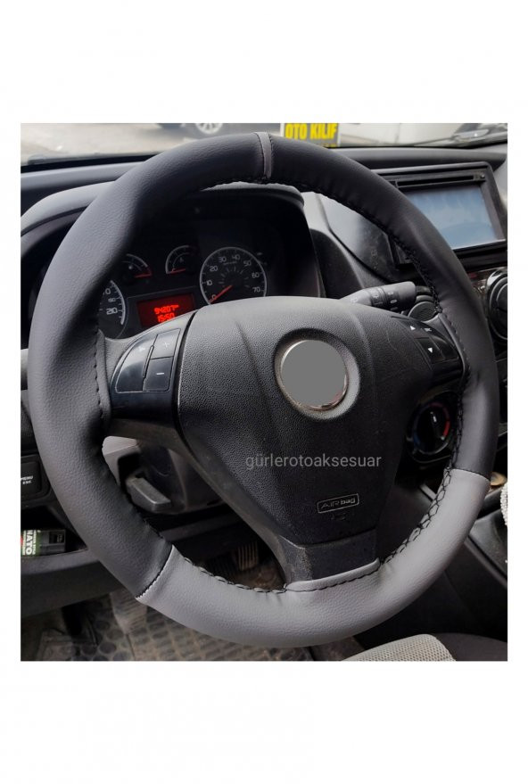 Opel Corsa D-E Direksiyon Kılıfı Dikmeli İki Renkli Yüzüklü Gri-Siyah ürün görseli 1