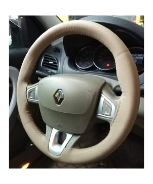 Renault Megane 2 Dikmeli Deri Direksiyon Kılıfı Esnek Kokusuz Bej Renk ürün görseli 1