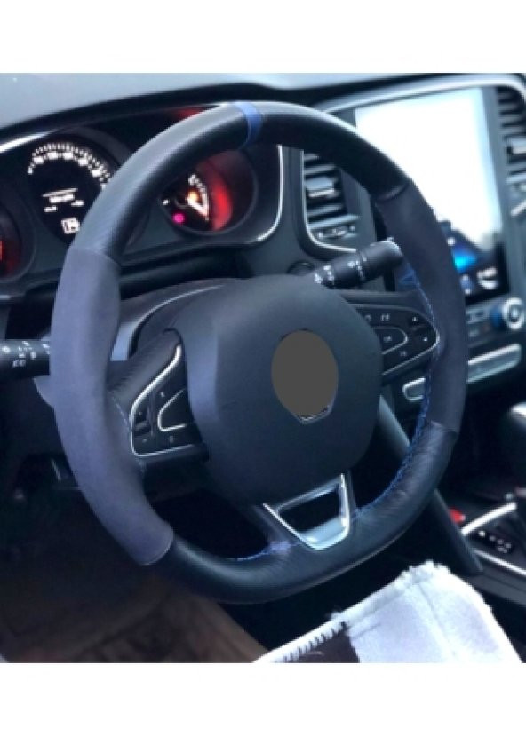 Renault Megane 2 Alcantra Mavi Yüzüklü Dikmeli Direksiyon Kılıfı ürün görseli 1