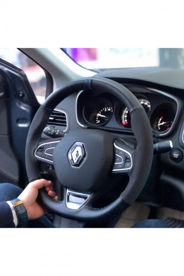 Renault Megane 4 Mavi Yüzüklü Alcantara Nubuk Deri Direksiyon Kılıfı ürün görseli 1