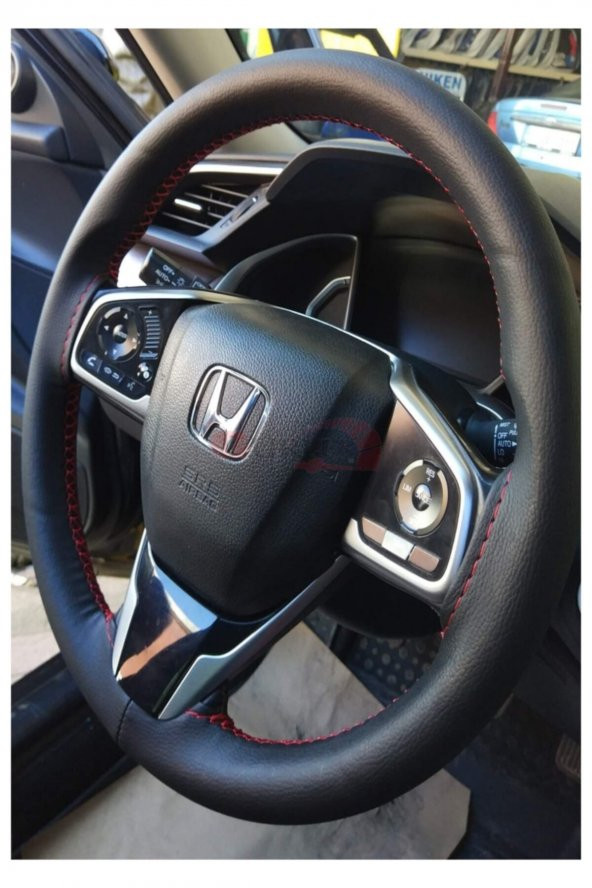 Honda Civic Dikmeli Deri Direksiyon Kılıfı  Siyah Deri Kırmızı Ipli (10CM) ürün görseli 1