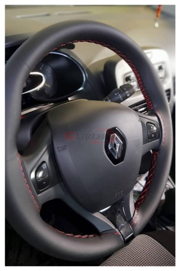 Renault Clio Symbol 2013+ Dikmeli Deri Direksiyon Kılıfı Siyah Deri Kırmızı İpli (11CM) ürün görseli 1