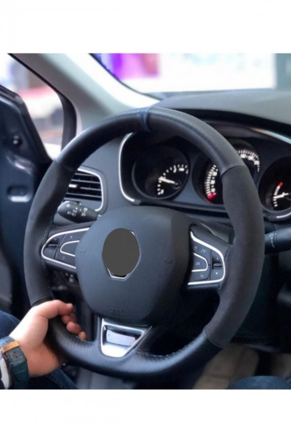 Renault Megane 4 Uyumlu Mavi Yüzüklü Karbon Alkantra Dikme Direksiyon Kılıfı ürün görseli 1