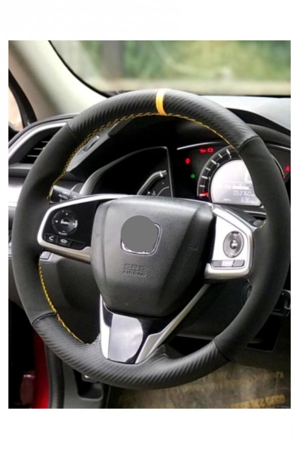 Honda Cıvıc Fc5 Sarı Yüzüklü Karbon Alkantra Dikme Direksiyon Kılıfı ürün görseli 1