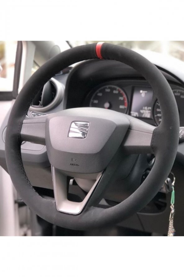 Seat Leon Alcantara Nubuk Dikmeli Direksiyon Kılıfı Kırmızı Yüzüklü ürün görseli 1
