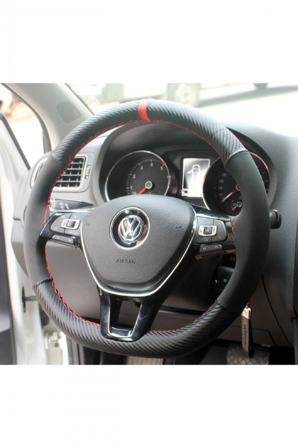 Volkswagen Golf 7 Dikmeli Direksiyon Kılıfı Karbon Desenli Alkantra Kımızı yüzük ürün görseli 1