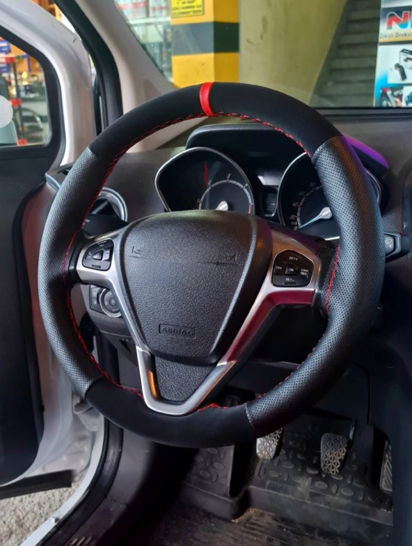 Ford Fiesta Uyumlu Kırmızı Yüzüklü Noktalı-Alkantara Dikmeli Direksiyon Kılıfı ürün görseli 1