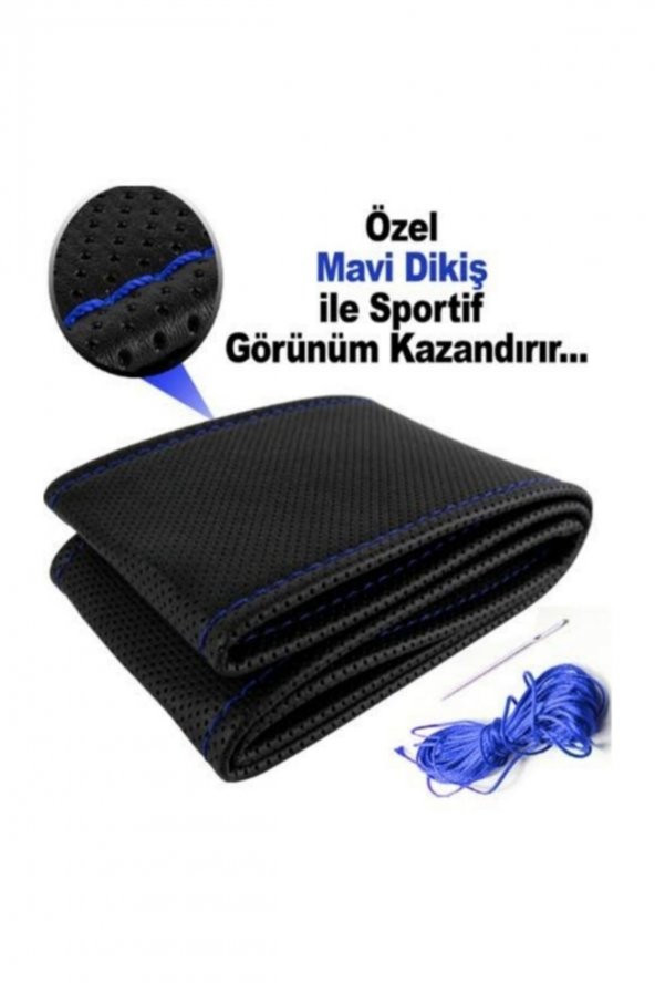 Universal Direksiyon Kılıfı Dikmeli Delikli Desen Mavi Ipli ürün görseli 1