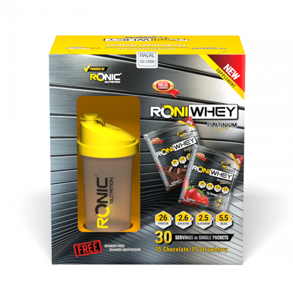 Roniwhey Platinium 30 Şase 1350 G Kas Yapılanmasına Yardımcı Protein Tozu (Çikolata ve Çilek Aromalı) ürün görseli 1