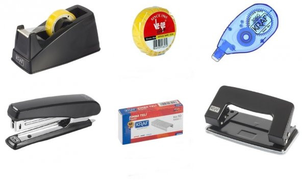 6 Parça Ofis Kırtasiye Seti + Delgeç - Bant Kesici - Daksil - Bant - Zımba Seti ürün görseli 1