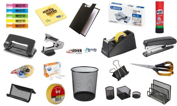 20 PARÇA MASA ÜSTÜ OFİS SETİ ÇÖP KOVASI, SEKRETERLİK, MAKAS, BANT MAKİNESİ, DELGEÇ, ZIMBA MAKİNESİ ürün görseli 1