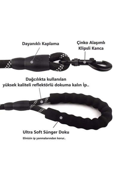Köpekler İçin Gezdirme Tasması Reflektörlü 130 cm Halat Orta ve Büyük Boy Köpekler İçin Siyah ürün görseli 1