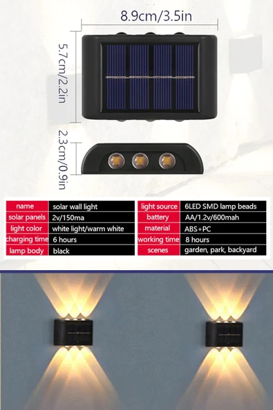 6ledli  Solar Duvar Lambası Aplik Güneş Enerji Gün Işığı 2 Li Set ürün görseli 1