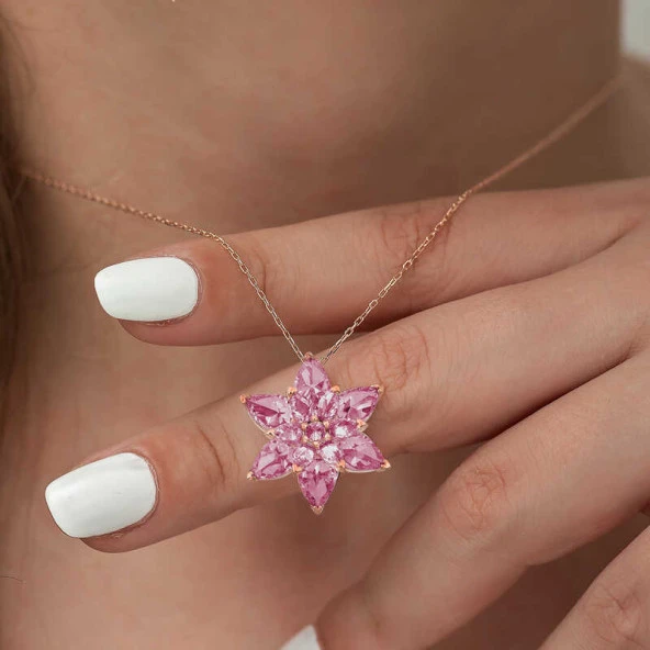 925 Ayar Gümüş Rose Pembe Lotus Çiçeği Kolye - Resim 3