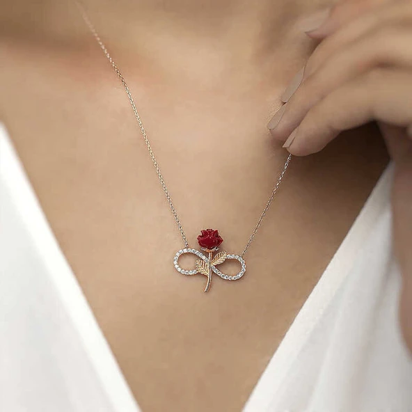 925 Ayar Gümüş Rose Sonsuz Gül Kadın Gümüş Kolye ürün görseli 1