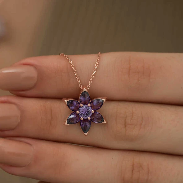 925 Ayar ​Gümüş Rose Mor Çiçek Kolye ürün görseli 1