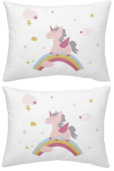 Makiteks %100 Pamuklu Unicorn Atlar Gökkuşağı 2 Adet 50x70 Yastık Kılıfı ürün görseli 1