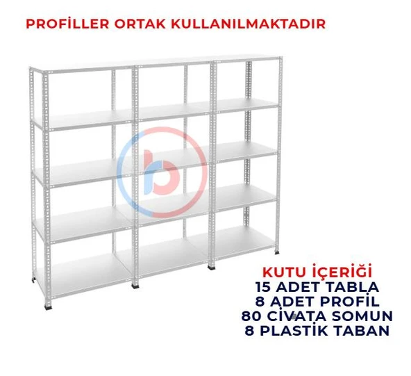 5 Katlı 3'lü Galvaniz Çelik Raf - Depo, Arşiv, Kiler, Dosya, Market Rafı  43x93 cm 300 cm 0.70 mm ürün görseli 1