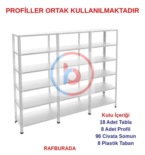 6 Katlı 3'lü Galvaniz Çelik Raf - Depo, Arşiv, Kiler, Dosya, Market Rafı  31x60 cm 200 cm 1.00 mm ürün görseli 1