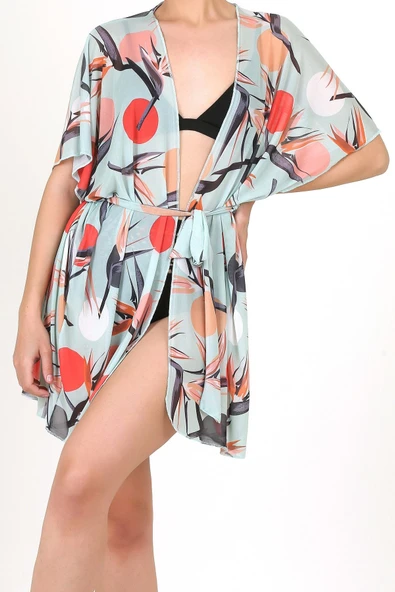Pareo Plaj Elbisesi Kimono Std Yazlık Oversize Tül Gömlek Kemerli Elbise Sunset Mint ürün görseli 1